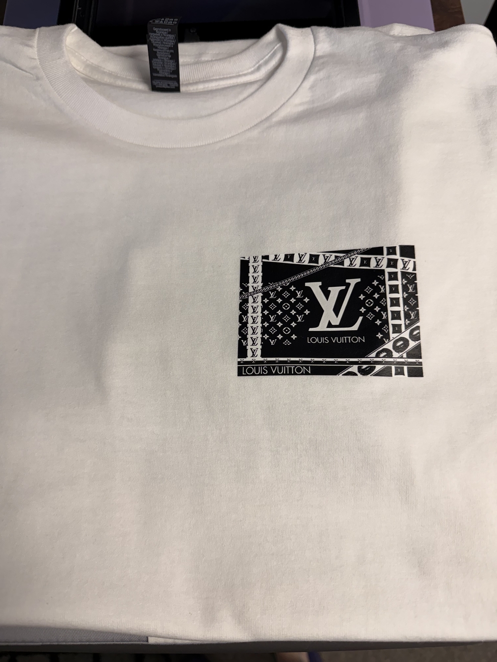 VIP White Tee with Black LV Box Graphic-Front And Back
